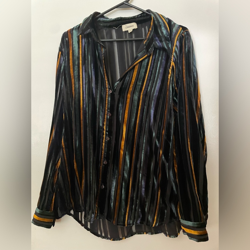 L'AGENCE LAURENT GREEN STRPE VELVET  BLOUSE